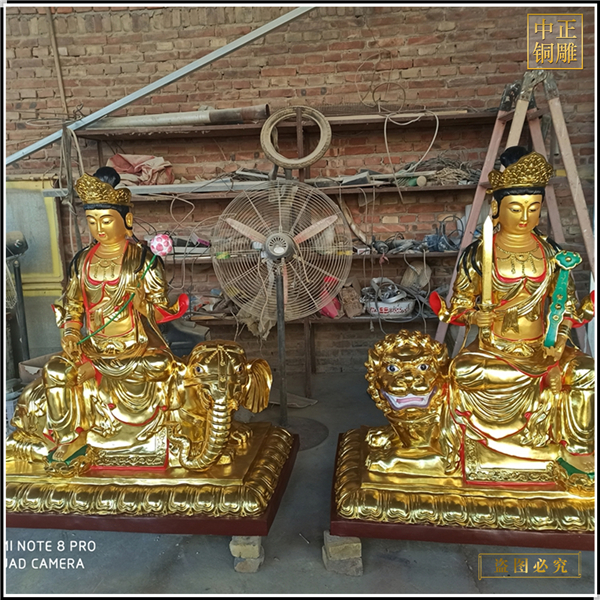 鑄銅鎏金文殊普賢雕像